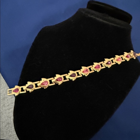Swarovski Jewelry - RARE 80's Swan Swarovski Gold Tennis 7.5" Bracelet Pink Purple Teardrop Crystals